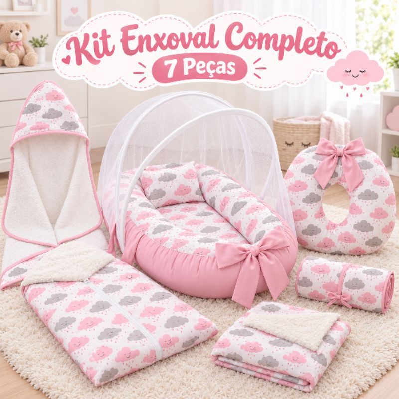Kit Enxoval Bebê Completo 7 Peças Ninho Redutor de Berço Mosquiteiro Almofada Trocador Toalha Manta