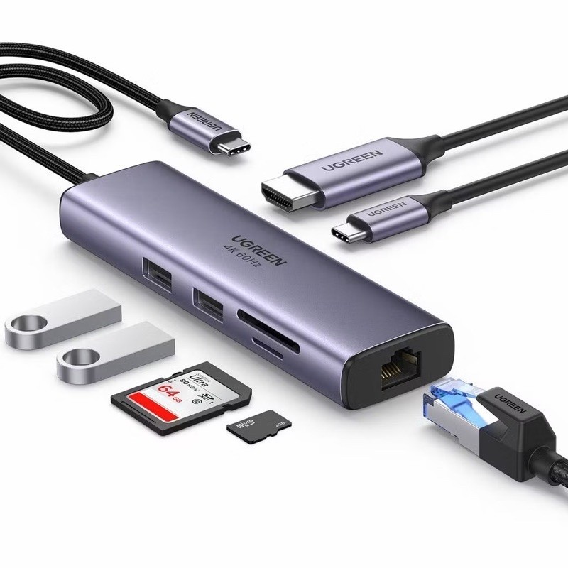 Hub 7 Em 1 Ugreen Usb-c Para 2*usb +hdmi+rj45 Ethernet+sd/tf Cinza