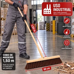 Vassourão GARI PIAÇAVA 60cm com Cabo 1,50m Vassoura Limpeza Pesada Industrial Galpão Calçada