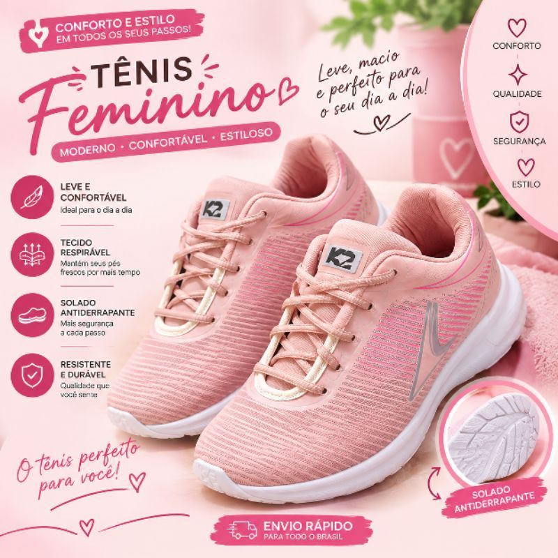 Tênis Feminino Esportivo Rosa Casual Confortável Leve Respirável para Academia Caminhada Corrida
