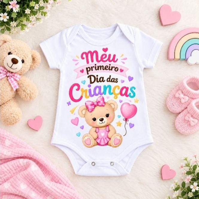 Body Bebê Meu Primeiro Dia das Crianças 100% Algodão Menino Menina