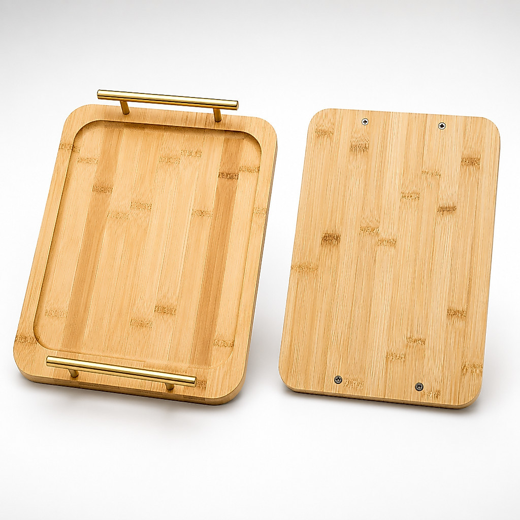 Bandeja De Bambu Premium Com Alça Dourada Multiuso 33x24x2cm Luxo