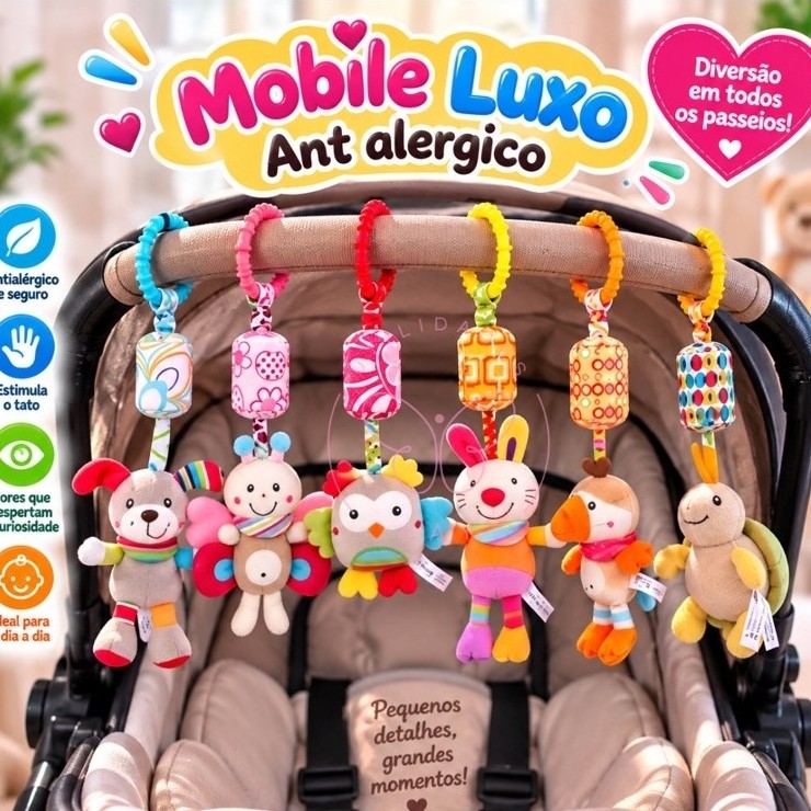 Móbile Brinquedo Carrinho Bebê Mordedor Sensorial Pelúcia Chocalho Infantil Pendurar Dia das Criança