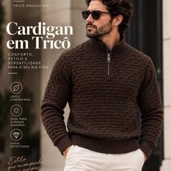 Suéter Masculino de Tricô Gola Alta Meio Zíper Manga Longa Premium