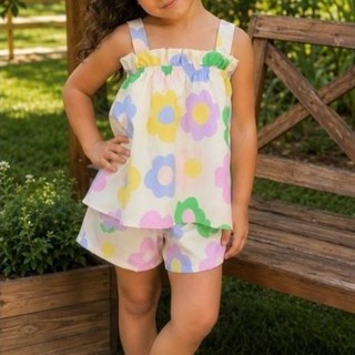 Conjunto Infantil Para Meninas Flores Primavera Blusa Alça