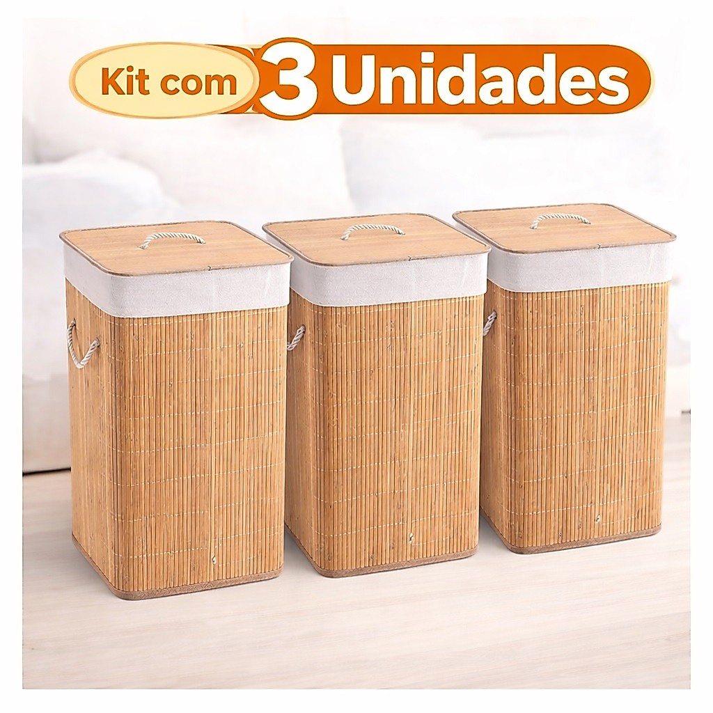 QUEIMA DE ESTOQUE Kit Cesto De Roupa 70 Litros De Bambu Bege Liso Com Tampa E Alças