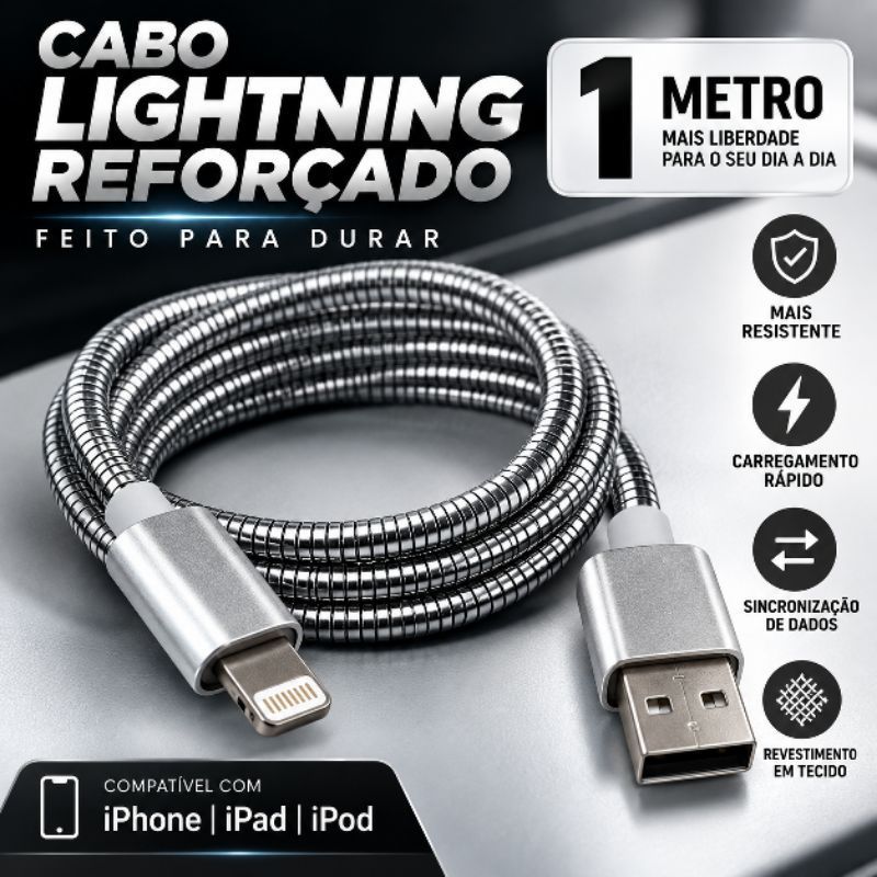 Cabo Lightning Reforçado 1 Metro para iPhone iPad iPod USB Carga e Dados Resistente