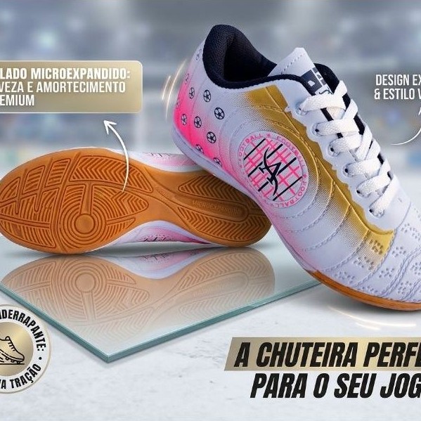 chuteira futsal bol rosa quadra salao esporte futebol sola costurada