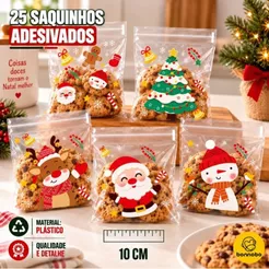 25 Saquinhos Adesivados de Natal 10 x10 para Doces Biscoitos Lembrancinhas Festa Natalina Embalagem.