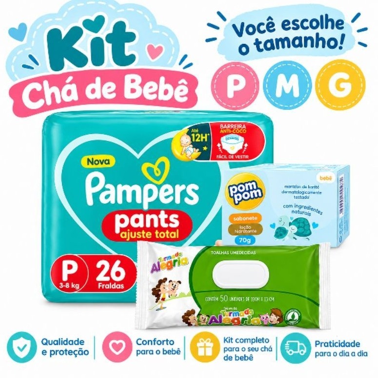 Kit chá de bebê Presente Fralda Pampers Pants + lenço + sabonete