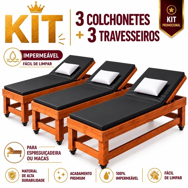 3 Colchonetes  3 Travesseiros  Impermeável Para Espreguiçadeira e Macas (Bronzeamento e Área de Lazer)