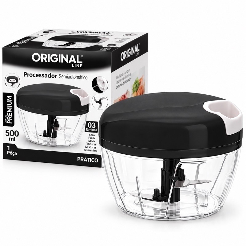 Processador Manual de Alimentos 500ml Original Line 3 Lâminas Triturador de Alho e Cebola a Corda