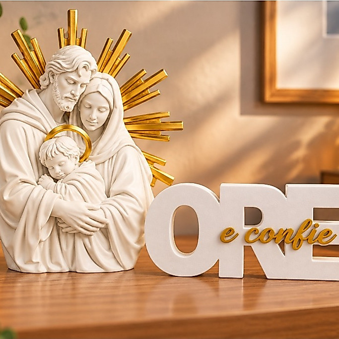 Kit Sagrada Família eEOre E Confie Escultura Religiosa Decorativa Cristã Para Altar Sala Quarto Presente E Decoração