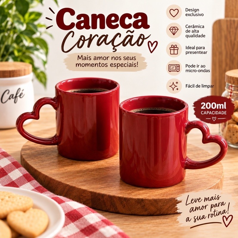 Caneca Coração 200ml Cerâmica Premium Bordô Alça Coração Xícara Café Chá Presente Casal Dia dos Namorados