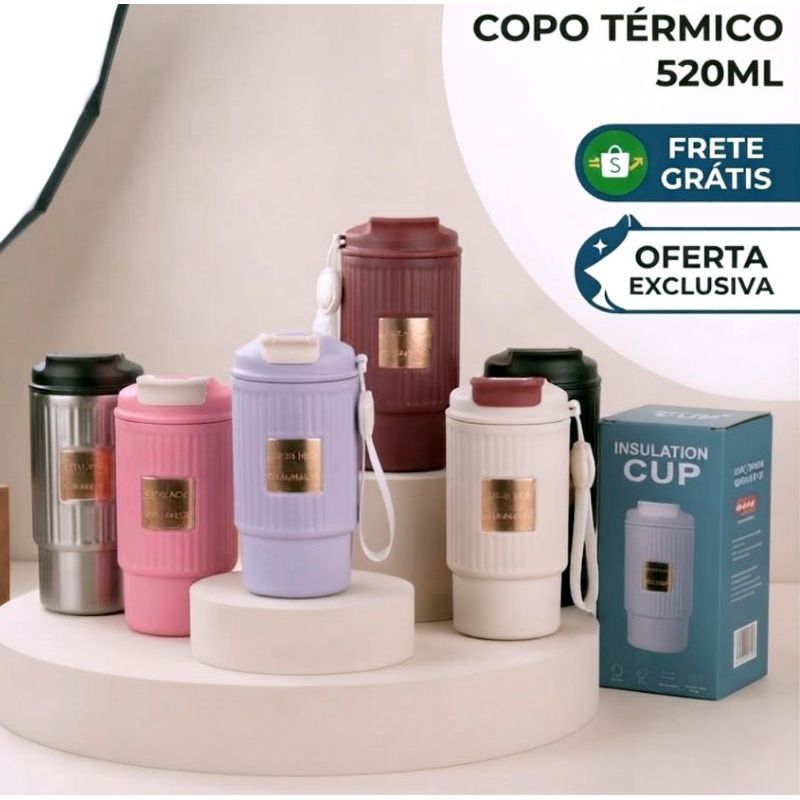 Copo Térmico 520ml Aço Inox Bico integrado Alça de transporte Anti Vazamento