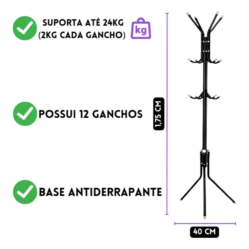 Mancebo Cabideiro de Metal Chão Roupas 12 Ganchos Organizador Casaco Chapéu