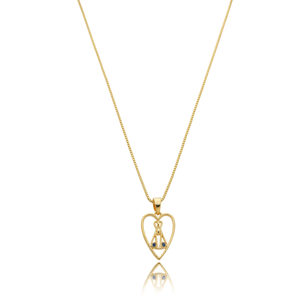 Colar Nossa Senhora Aparecida Coração Folheado banhado A Ouro 18k pingente delicado com 2 pedra de zircônia azul lindo