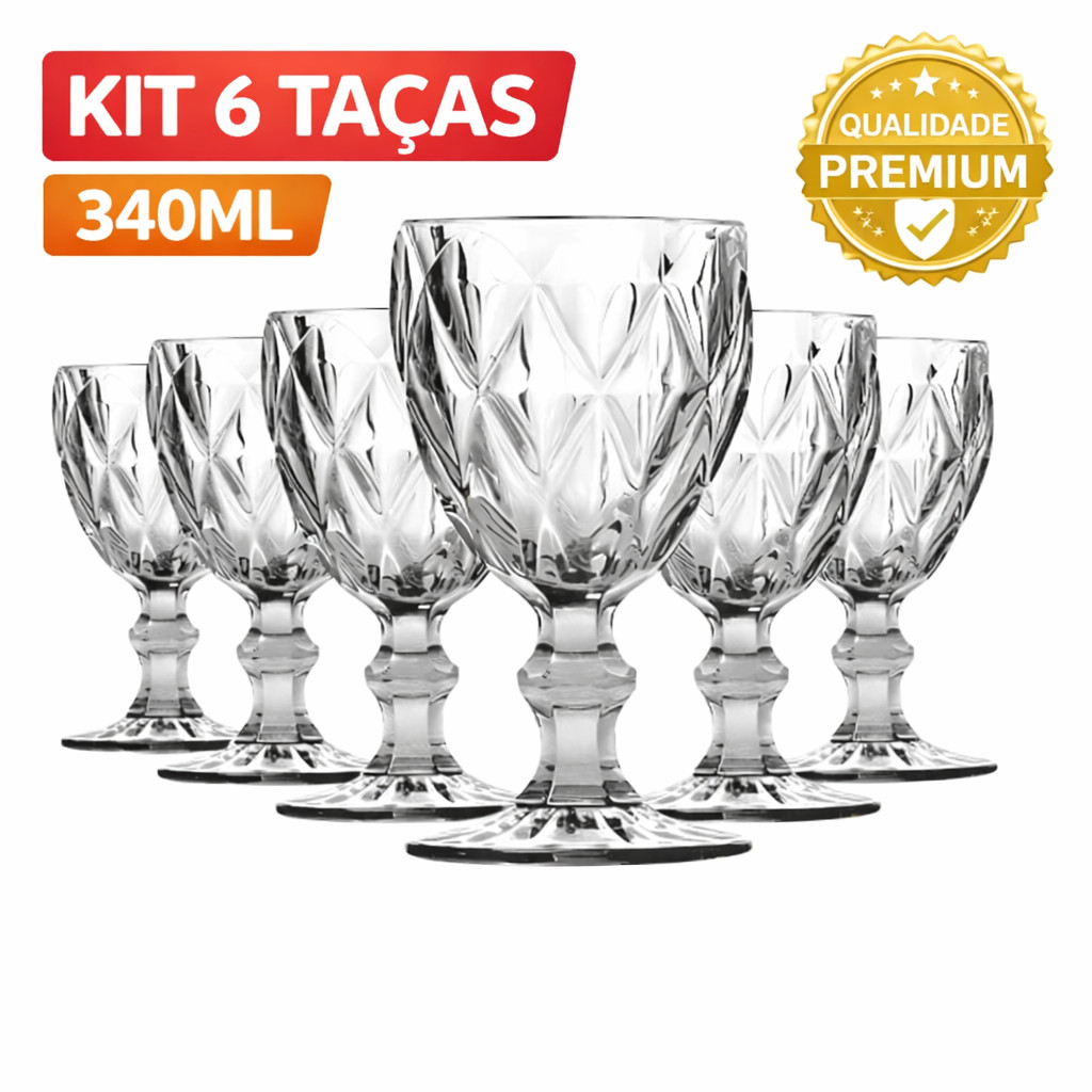 Jogo Taças de Vidro Diamante Bico de Jaca 340ml 6 Peças Premium Mesa Posta Luxo em Oferta na Shopee