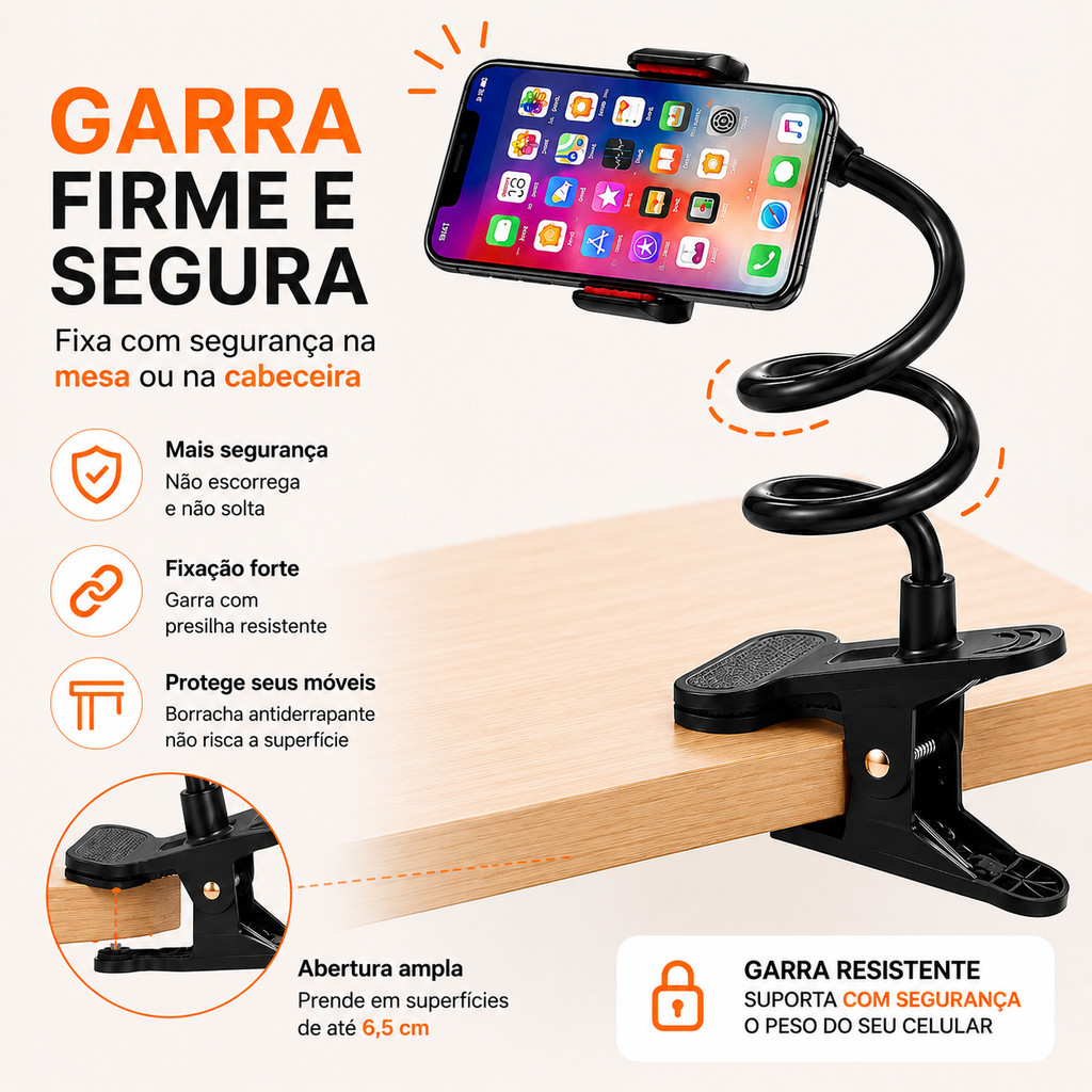 Suporte Celular Mesa Cama Garra Flexível Articulado Giratório 360 Universal Apoio Celular Flexível