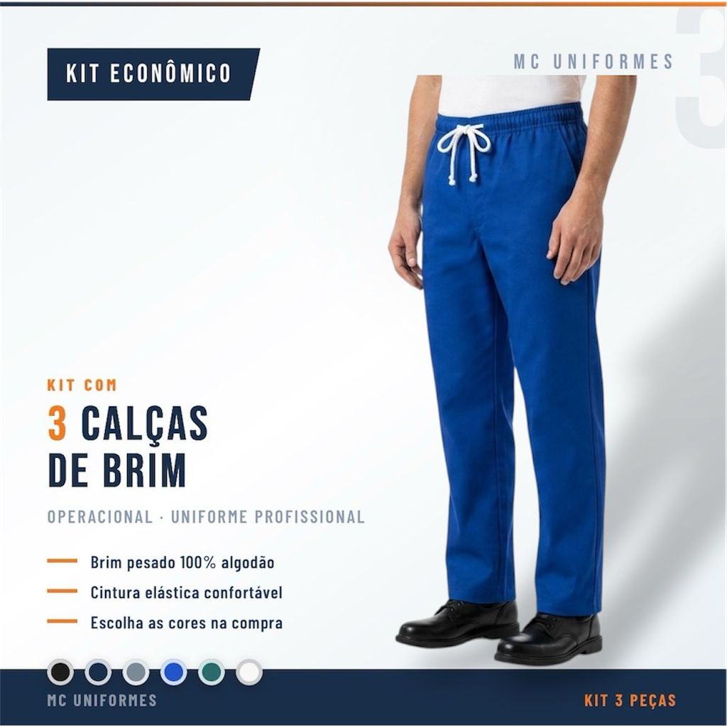 Kit 3 Calças Brim Operacional Reforçada Uniforme Trabalho Elástico P M G GG