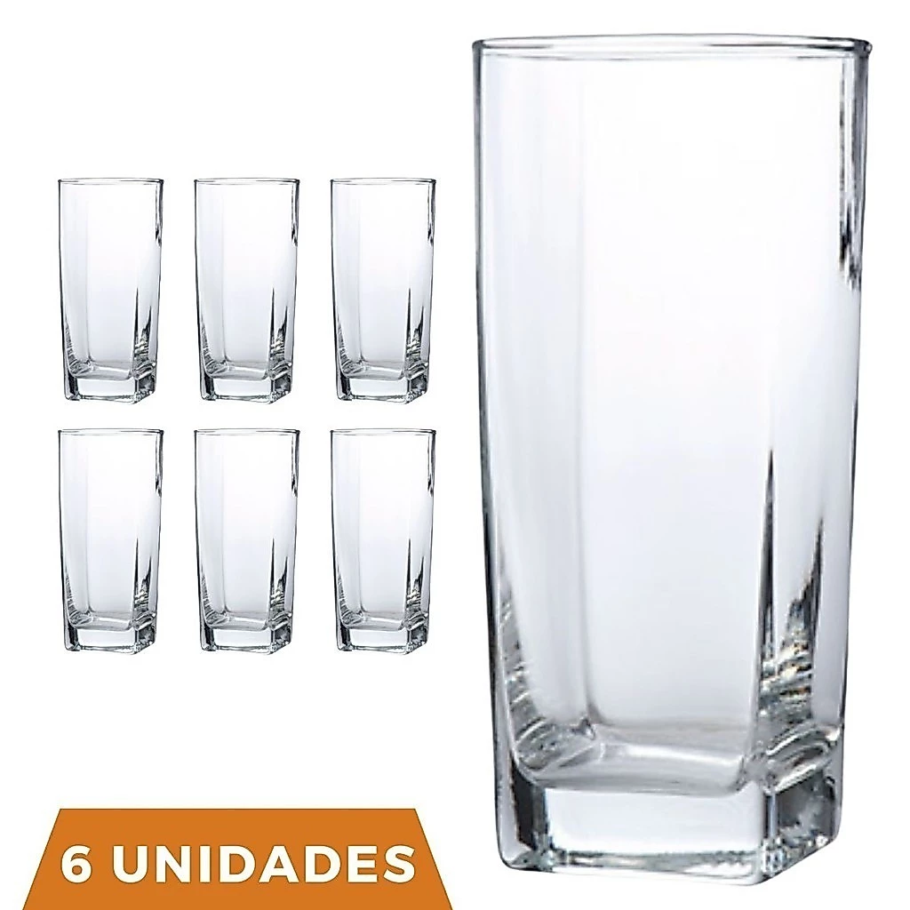 Copo Vidro 320ml Quadrado BALI Jogo com Transparente Luxo
