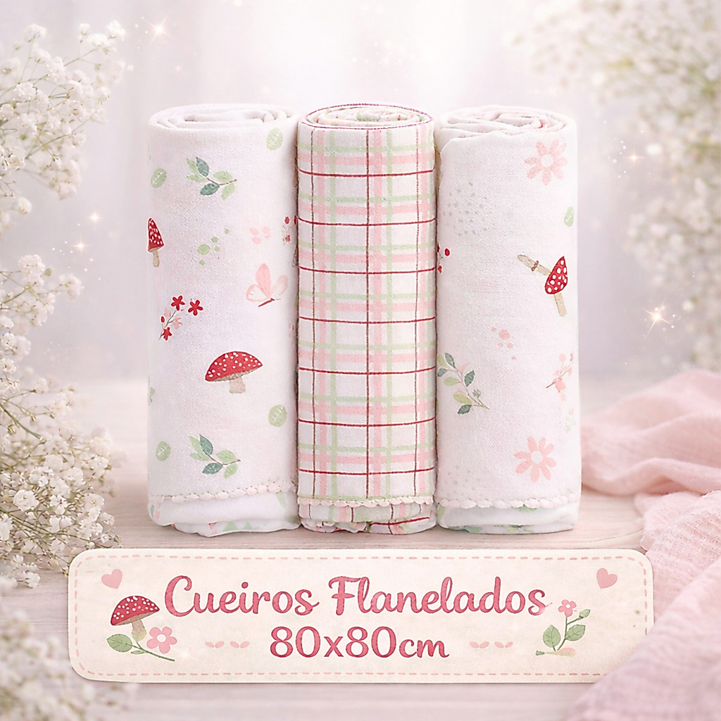 Kit 3 Cueiros Flanelados Bebê 80x80cm 100% Algodão Manta Swaddle Recém Nascido Enxoval Menino Menina Hipoalergênico