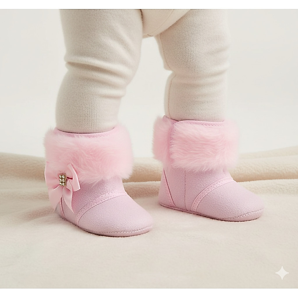 Bota Botinha Bebê Menina Pelo Pelúcia Rosa Inverno Botinha Forrada Laço Cetim  Strass  Infantil RN