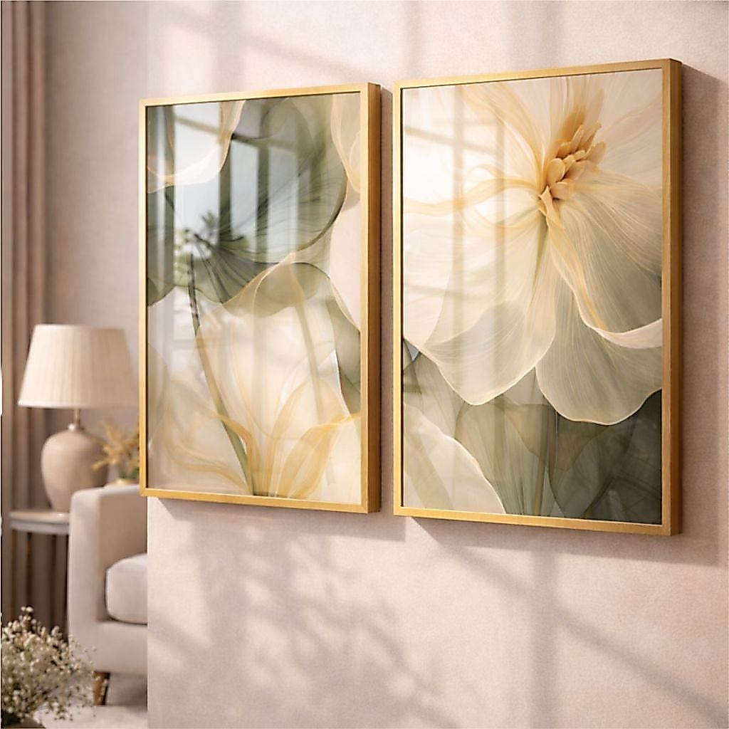 Kit Quadros Decorativos Moldura Vidro 2 Peças Luxo Flor Tons Verde Bege Para Sala Quarto Escritório