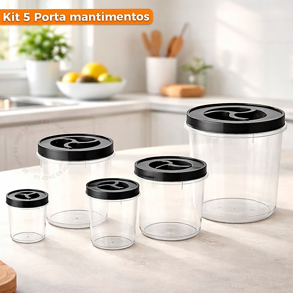Conjunto Mantimentos kit 5 Potes Redondo Tampa Rosca Organizador Alimentos Transparente 6L 3,3L 2L 1L E 500ML