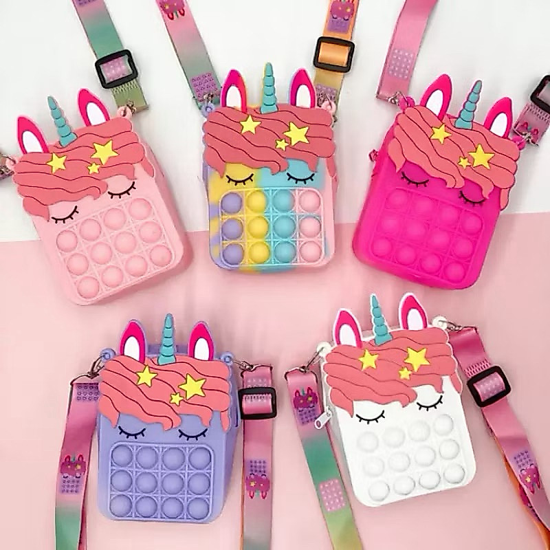 Bolsa Infantil Meninas Unicórnio Pop It Silicone Com Alça