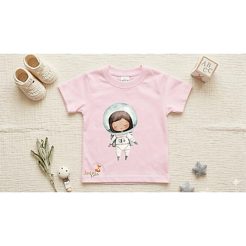 Camiseta Infantil Pequena Astronauta Roupa De Criança Espaço Menina Algodão Blusa Estampada
