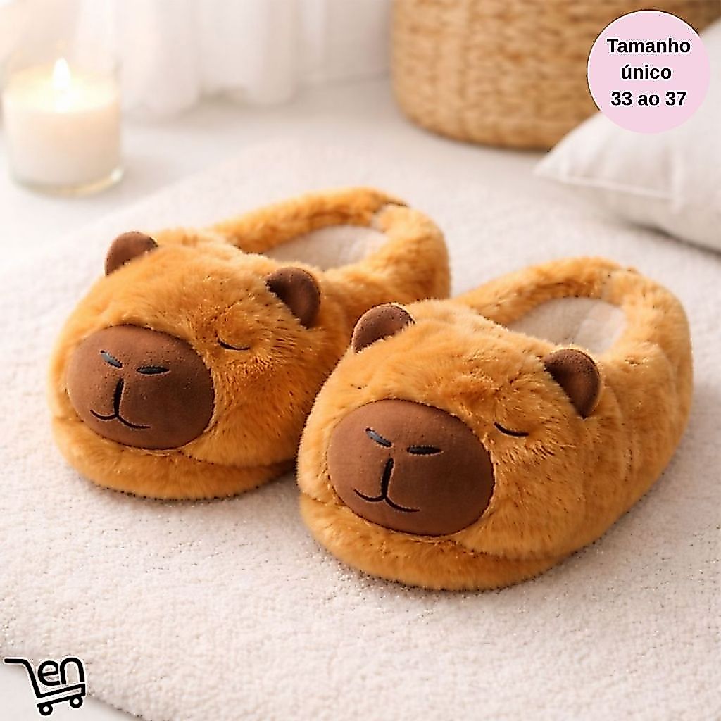 Pantufa Capivara Filo 3D Infantil Adulto Marrom Quentinha Fofa Bordada Presente Sola Antiderrapante