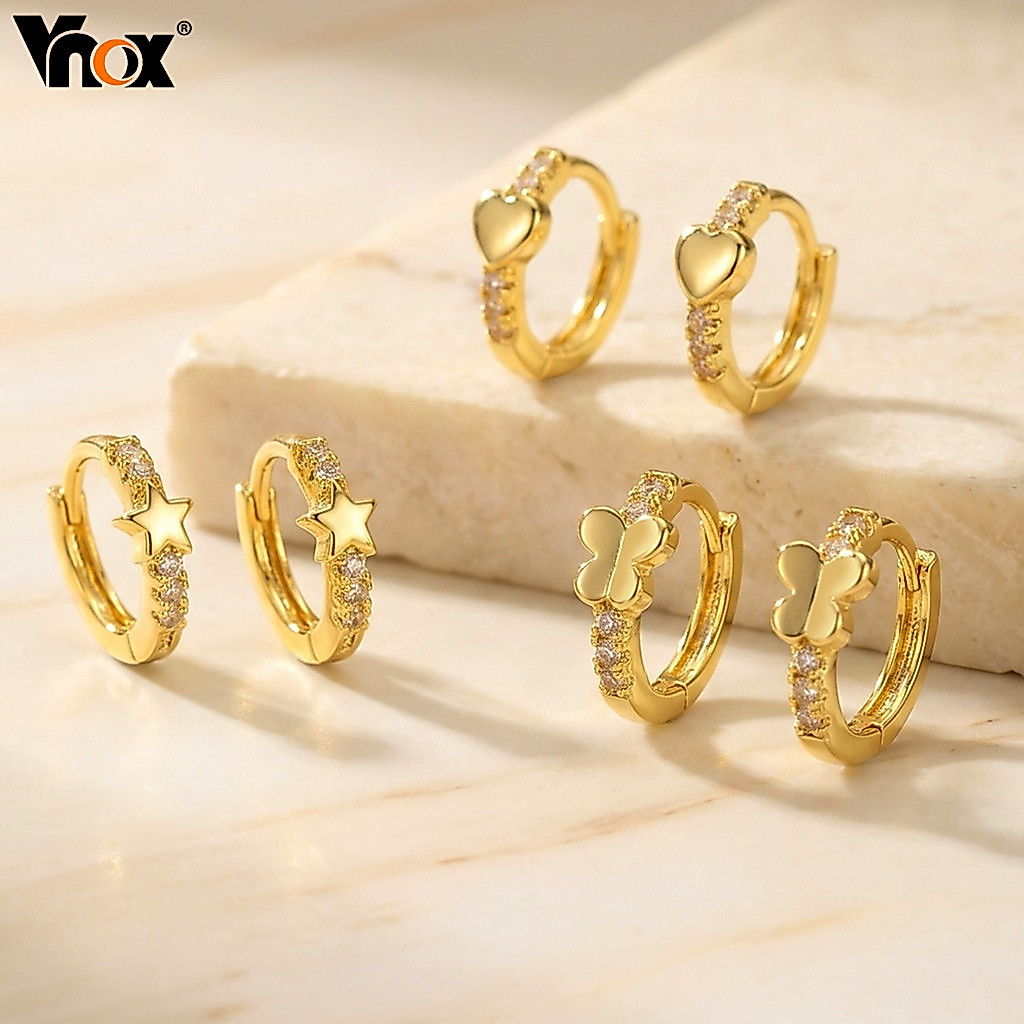 Brincos De Argola Borboleta Vnox Gold CZ Coração Estrela Para Mulheres , Joias Da Moda Festa , Uso Diário , Presente