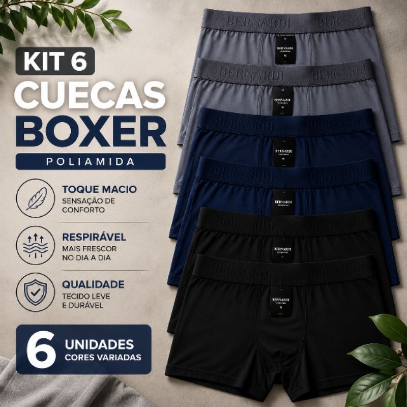 Cueca Masculina Boxer Kit 6 Poliamida Macia E Confortável Cores Variadas
