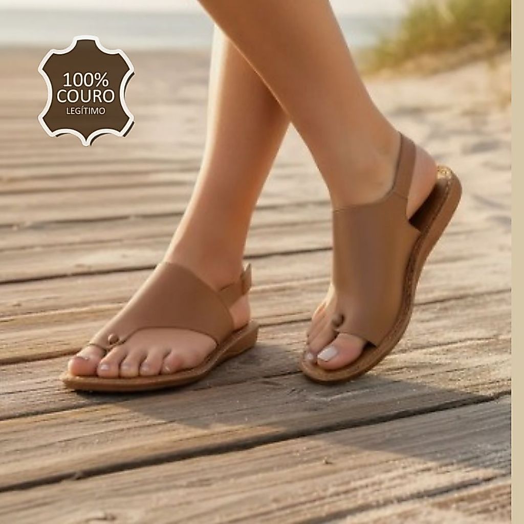 Sandália Rasteirinha Couro Legítimo Feminina Elegante Confortável Anatômica Bege Velcro CARLA 15