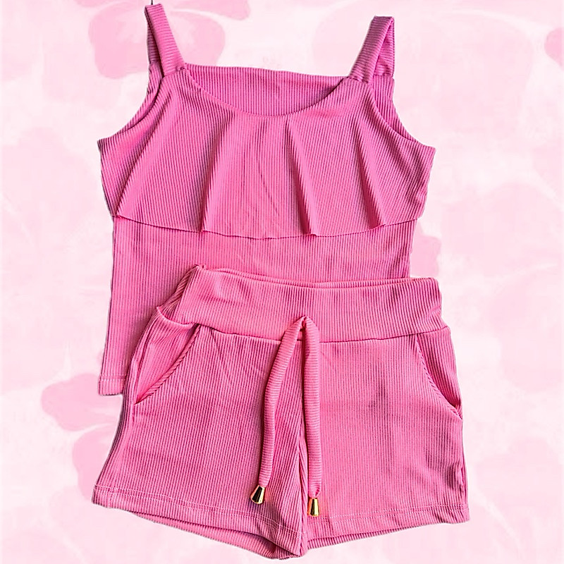 Conjunto Infantil Feminino Verão Blusa CANELADA e Shorts com Bolsos – Moda Menina Casual Confortável