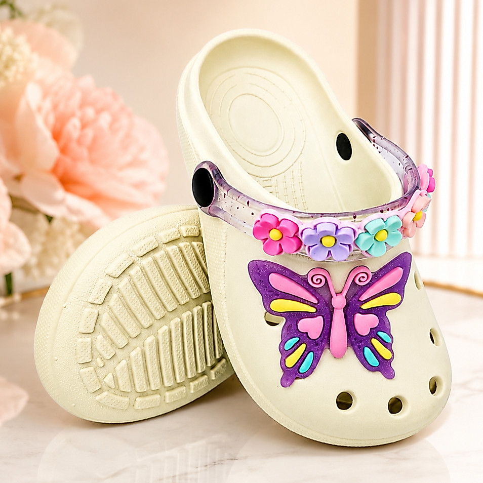 Sandália Babuche Infantil Menina Borboleta Linda com Flores Leve Macio Escolar Super Confortável