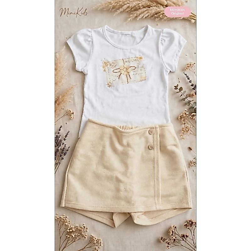 Conjunto Infantil Feminino Mimikids Blusa Estampada + Short Saia Bege Delicado Menina