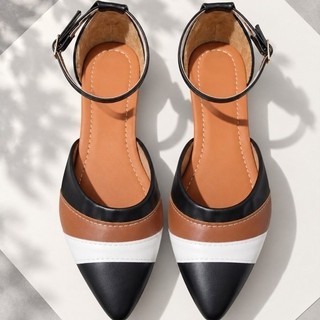 Salomé sapatilha sapato feminino aberta bico fino bicolor preto branco caramelo calçados moda enfeite
