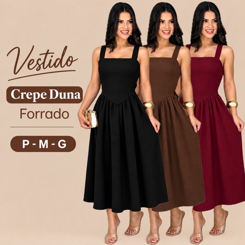 Vestido Feminino Crepe Duna Forrado Midi Rodado Alça Larga Elegante Festa Casamento Formatura Encontro Passeio Moda