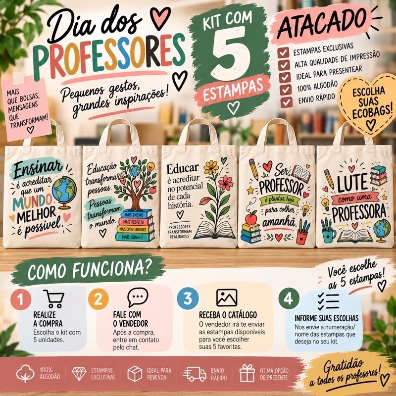 Kit 5 Ecobags para Professores | Dia dos Professores | Escolha as Estampas | 100% Algodão Cru