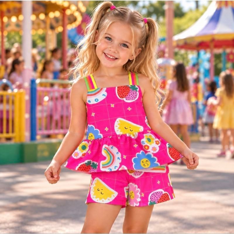 Conjunto Infantil Menina Bata Short 2 Aos 12 Anos Estampado Colorido Confortável Promoção Criança