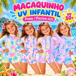 Macaquinho Infantil UV Praia Piscina Natação Biquíni UV Proteção Solar Infantil - Roupa de Praia Menina