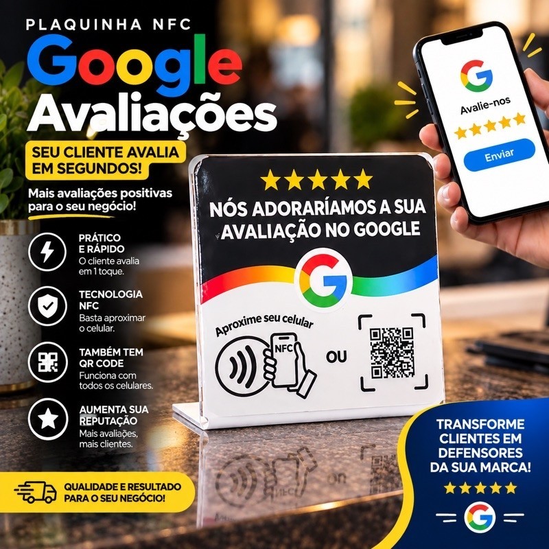 Kit 2 Placas NFC para Avaliações no Google Parede 10x10cm Aproxime o Celular
