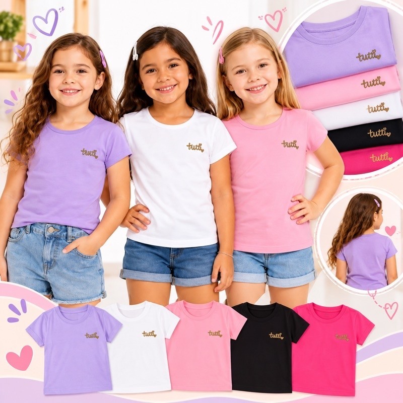 Camiseta Infantil Menina Básica Algodão Manga Curta Confortável Casual Cores Sortidas