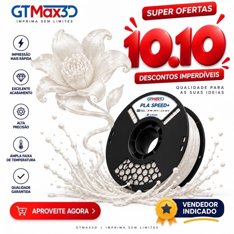 Filamento PLA Branco Pérola GTMax 1kg 1,75mm para Impressora 3D Bambu Lab e Outras