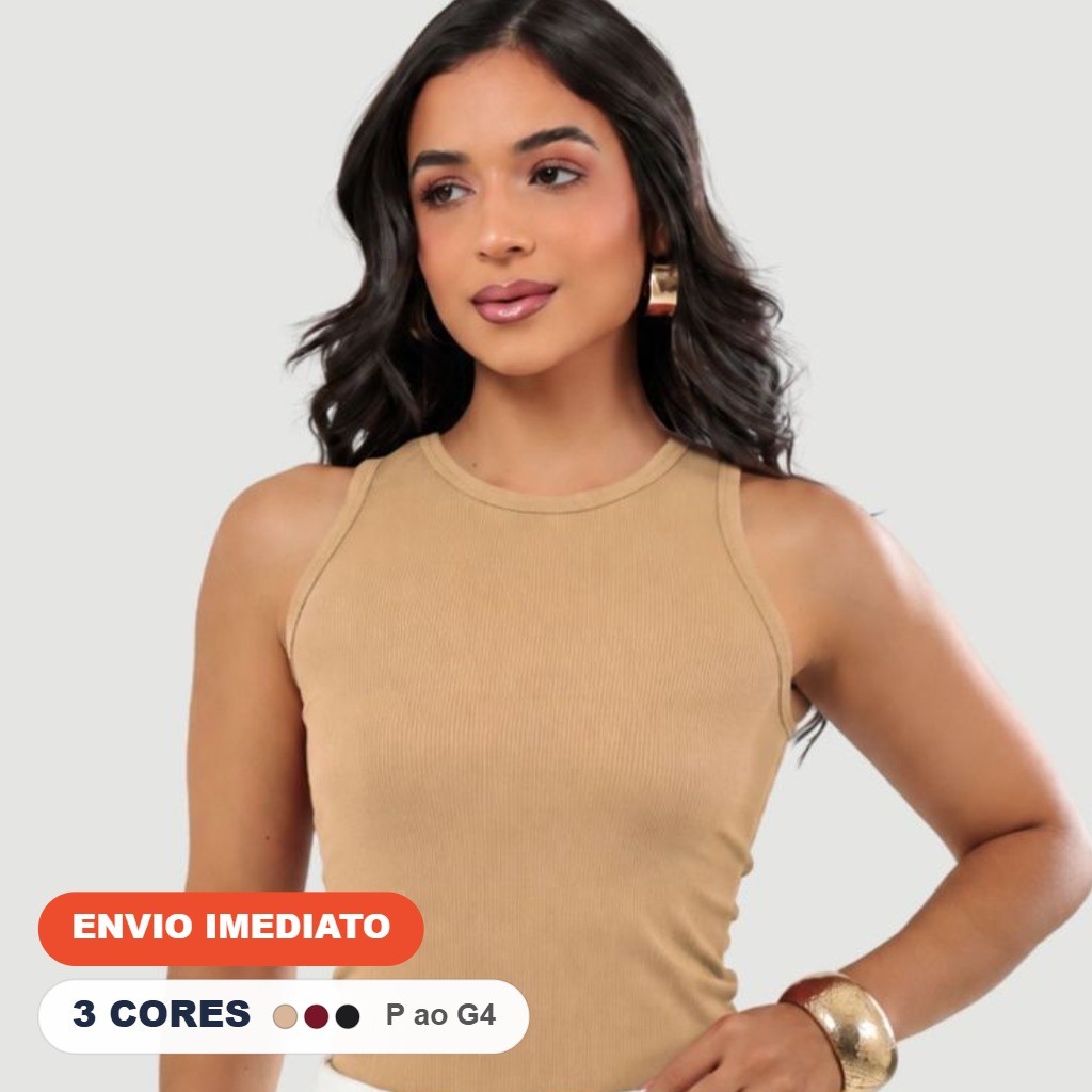 Blusa Feminina Regata Ribana Canelado Básica Casual Estilosa Tendência Justa Sem Manga Decote Redondo Caneladinho