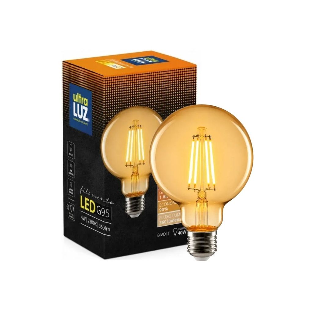 Lâmpada LED Filamento Retrô G95 4W 2300K Branco Quente E27 Bivolt Ultraluz