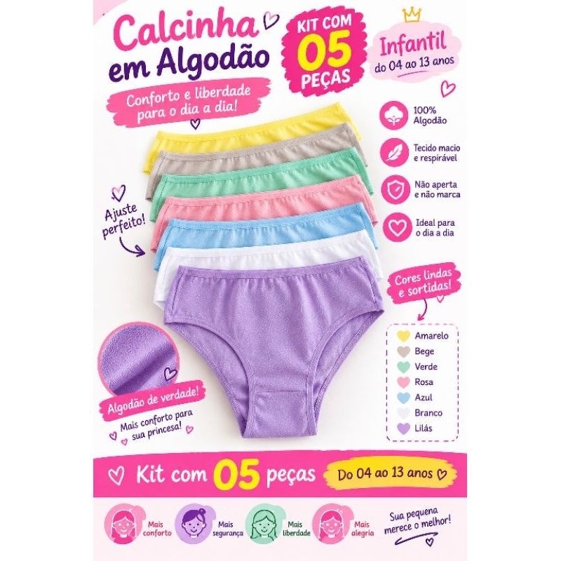 Kit com 05 Calcinhas Infantil e Juvenil Femenina 100 % Algodão Confortavel Cotton
