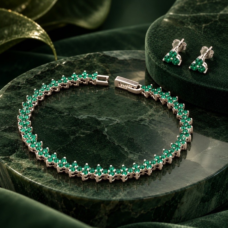Conjunto Riviera Brinco e Pulseira Verde Esmeralda em Prata 925